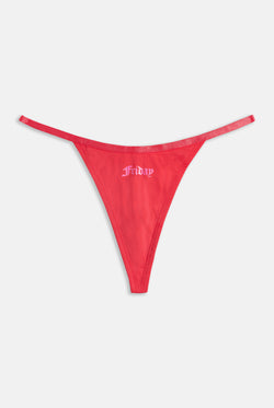 Displays the 'Juicy' branded Friday gothic print thong