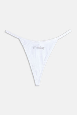 Displays the 'Juicy' branded Monday gothic print thongs 