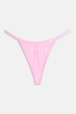 Displays the 'Juicy' branded Wednesday gothic print thong