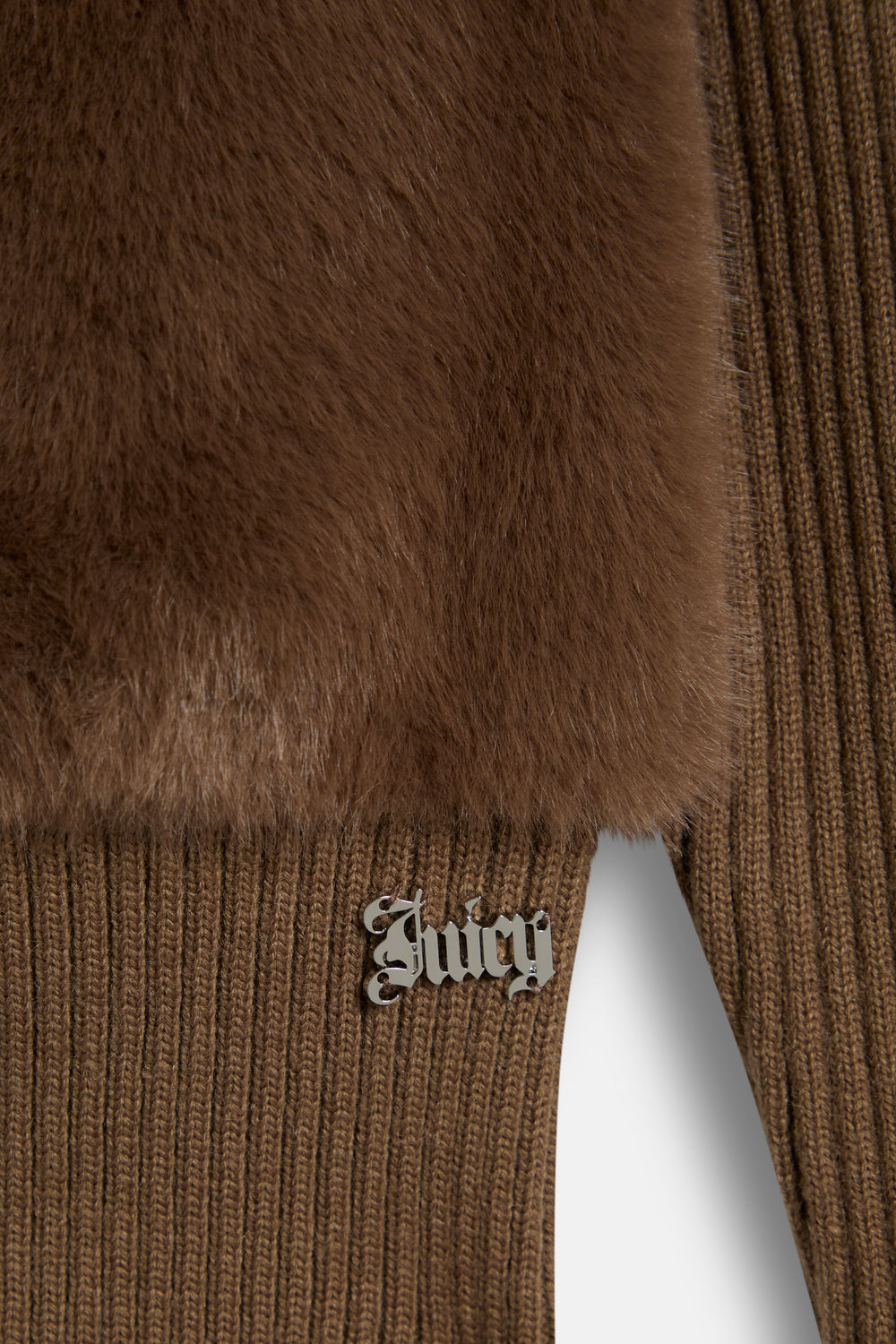 Displays the Java 'Juicy' branded Faux Fur Knitted Jacket featuring the details 