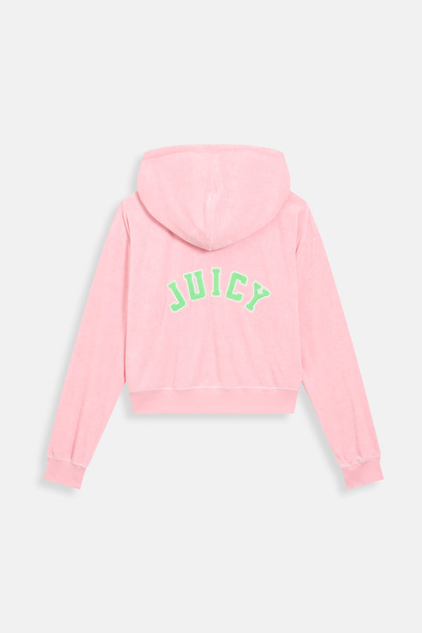 JUICY PINK OVERSIZED COLLEGIATE CROPPED TOWELLING HOODIE