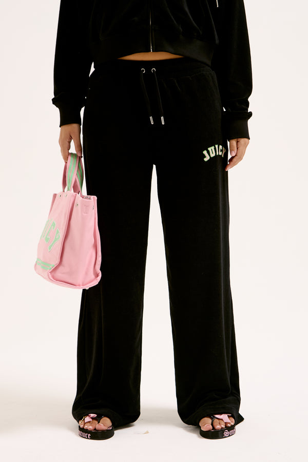 BLACK WIDE LEG COLLEGIATE TOWELLING PANTS