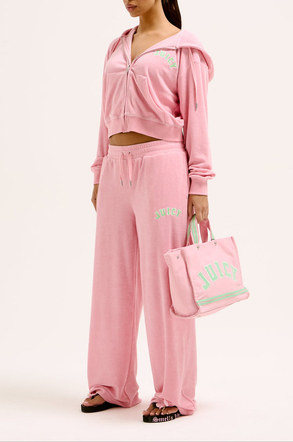 JUICY PINK OVERSIZED COLLEGIATE CROPPED TOWELLING HOODIE