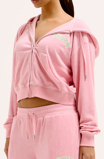 JUICY PINK OVERSIZED COLLEGIATE CROPPED TOWELLING HOODIE