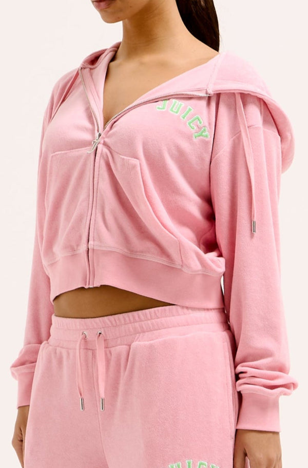 JUICY PINK OVERSIZED COLLEGIATE CROPPED TOWELLING HOODIE