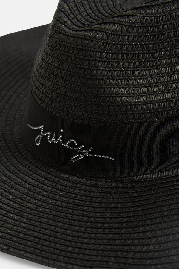 Displays the Black 'Juicy' branded straw cowboy hat featuring the juicy branding 