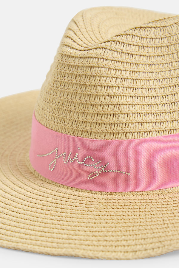 Displays the Natural Straw 'Juicy' branded cowboy hat featuring the juicy branding 