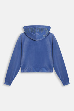 Displays the Greyblue 'Juicy' branded Old Gothic Oversized Cropped Hoodie
