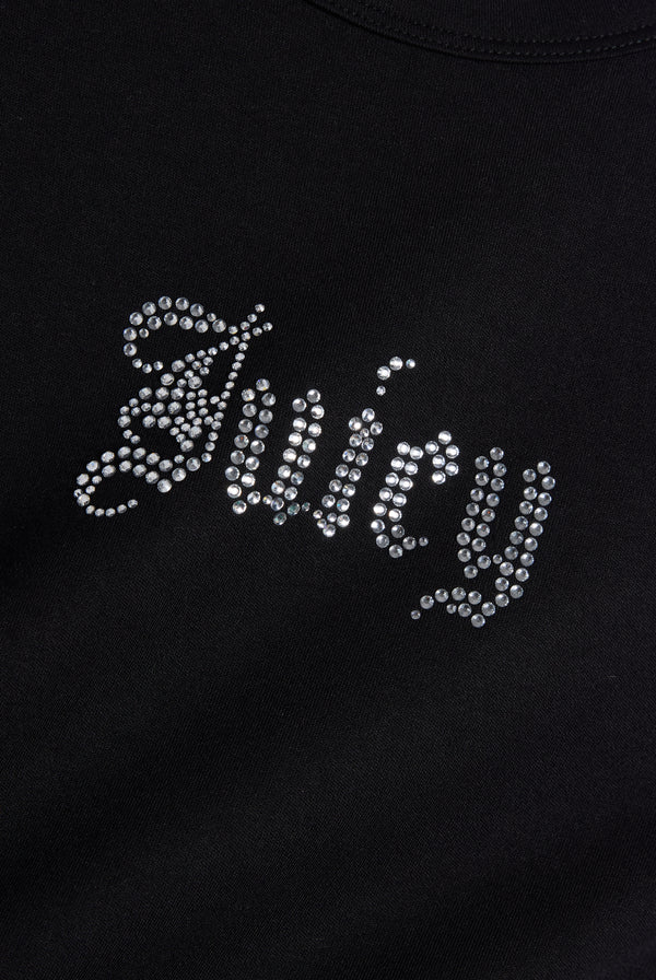 Displays the Black 'Juicy' branded  Old Gothic Baby T-Shirt featuring the juicy branding 