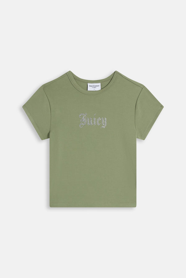 Displays the Oil Green 'Juicy' branded Old Gothic Baby T-Shirt