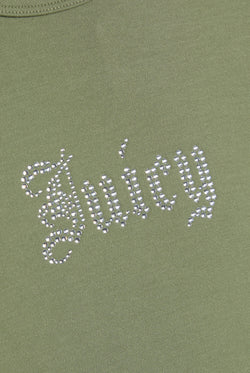 Displays the Oil Green 'Juicy' branded Old Gothic Baby T-Shirt featuring the juicy branding 