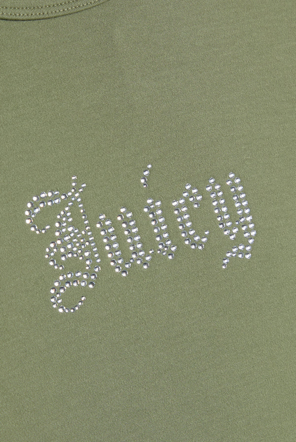 Displays the Oil Green 'Juicy' branded Old Gothic Baby T-Shirt featuring the juicy branding 