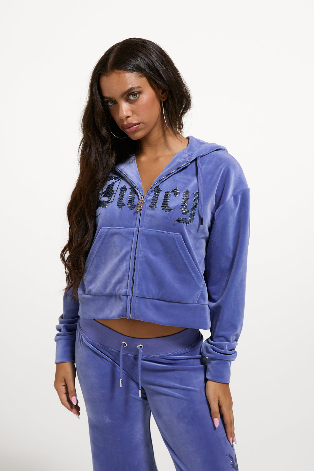 Displays a model wearing Greyblue 'Juicy' branded Old Gothic Oversized Cropped Hoodie