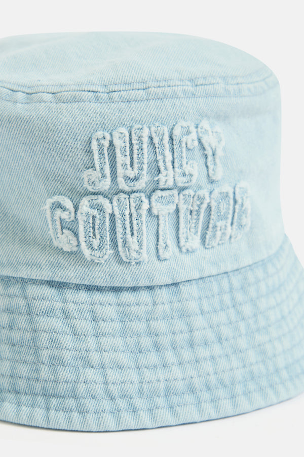 Displays the Light Denim 'Juicy' branded bucket hat featuring the juicy couture branding 