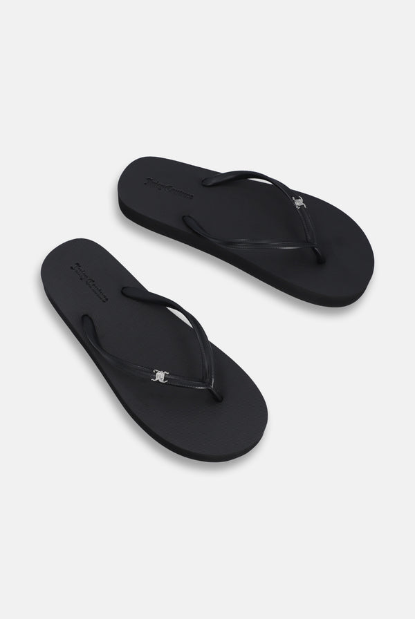 Displays a pair of the Black 'Juicy' branded plain platform flip flop 
