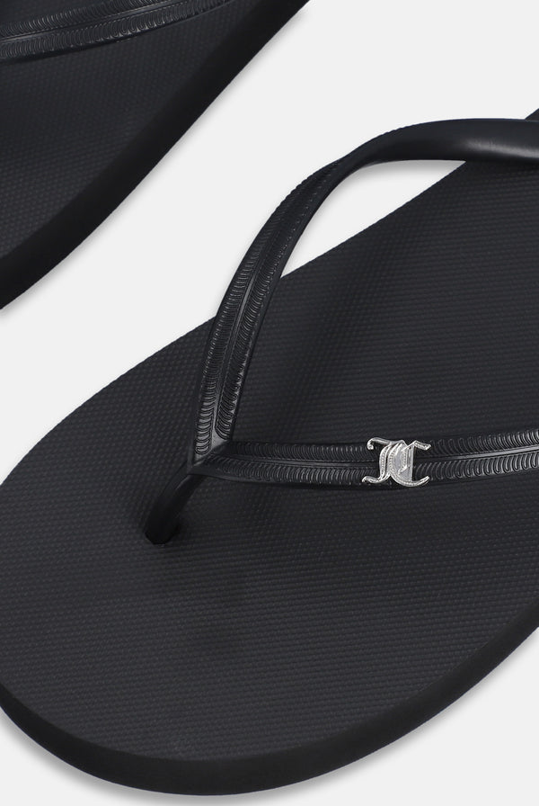 Displays a pair of the Black 'Juicy' branded plain platform flip flop featuring the juicy branding 