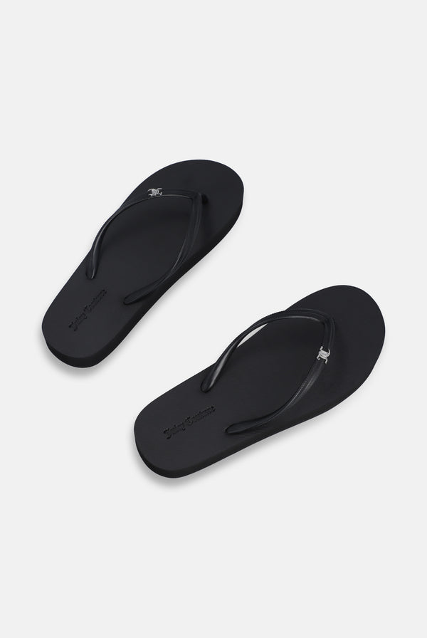 Displays a pair of the Black 'Juicy' branded plain platform flip flop 