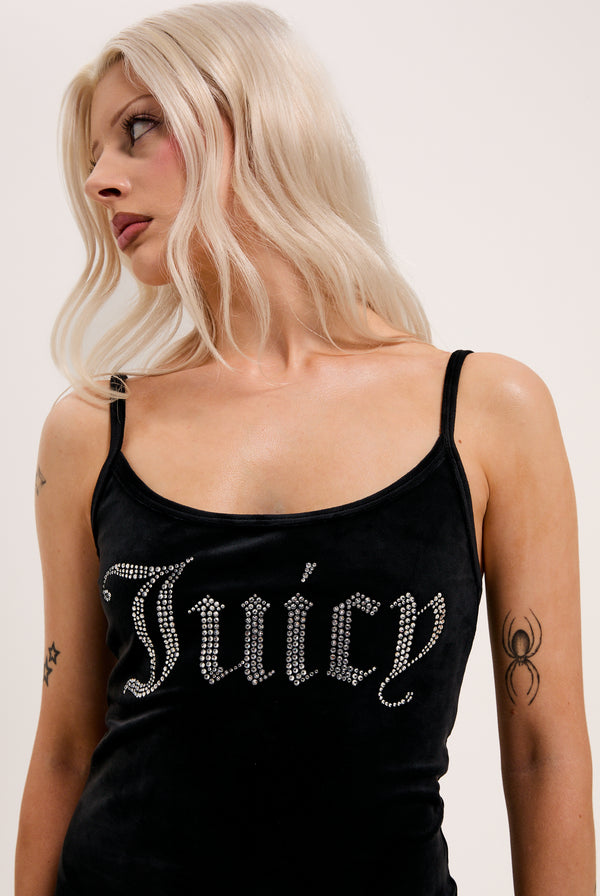 BLACK DIAMANTÉ VELOUR STRAPPY DRESS