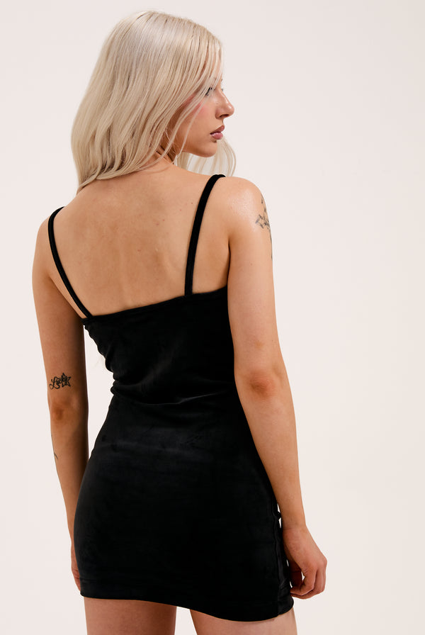 BLACK DIAMANTÉ VELOUR STRAPPY DRESS