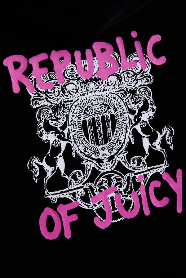 Displays the Black Juicy Couture & Roxy Republic of heritage hoodie featuring the Republic of juicy branding