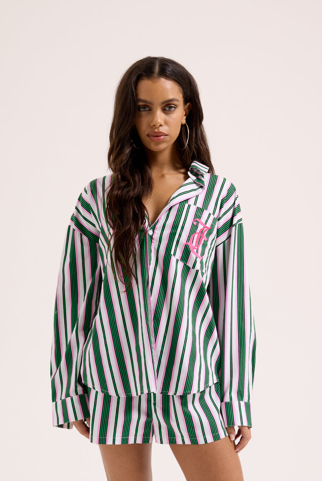 GREEN STRIPE COTTON STRIPE SLEEP SHIRT