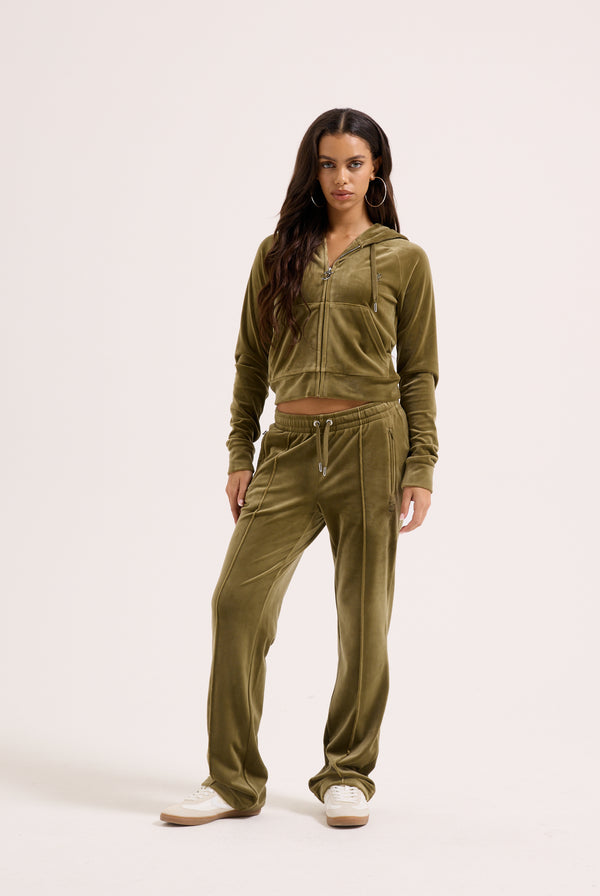 DARK OLIVE VELOUR OUTLINE DIAMANTÉ TRACKSUIT BOTTOM