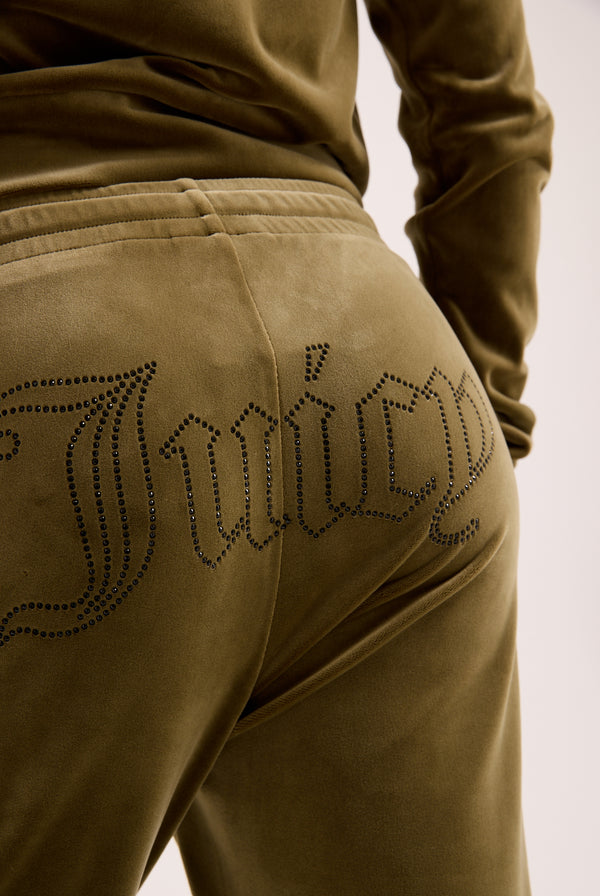 DARK OLIVE VELOUR OUTLINE DIAMANTÉ TRACKSUIT BOTTOM