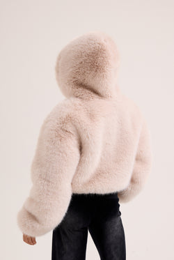 Display the cream hooded 'Juicy' branded faux fur jacket 