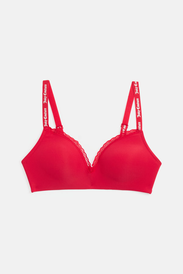 Red Ribbed Microfibre Lace Trim Bralette