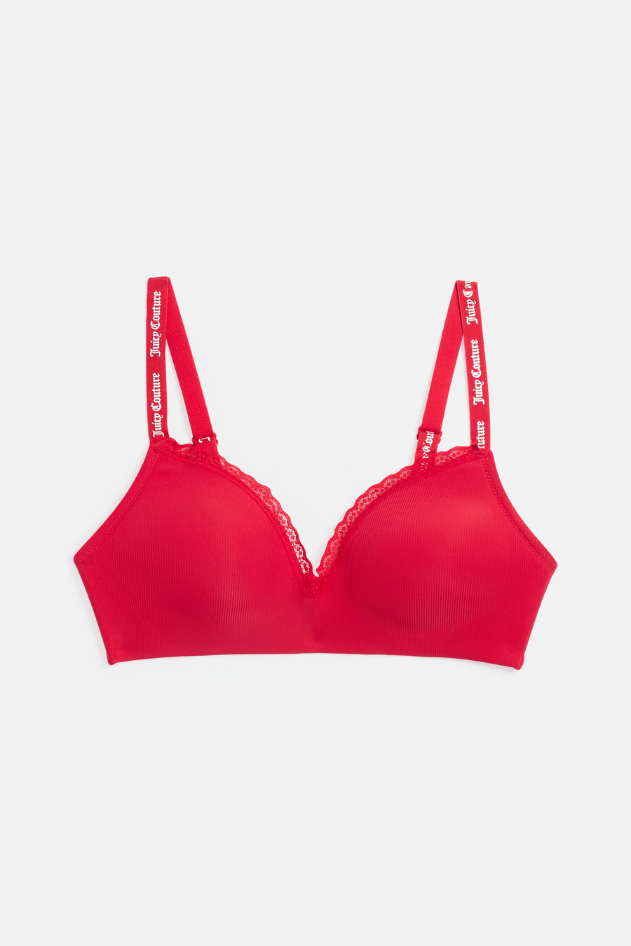 Displays the Red 'Juicy' branded Ribbed Microfibre Lace Trim Bralette