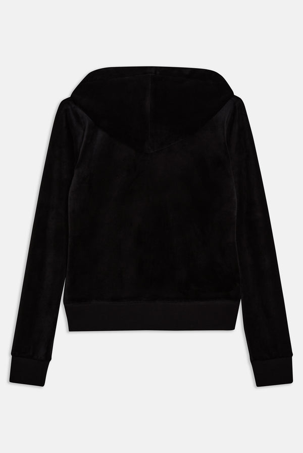 Back of a Black velour hoodie on a white background
