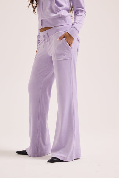 PASTEL LILAC LOW RISE FLARE CLASSIC VELOUR TRACK PANT