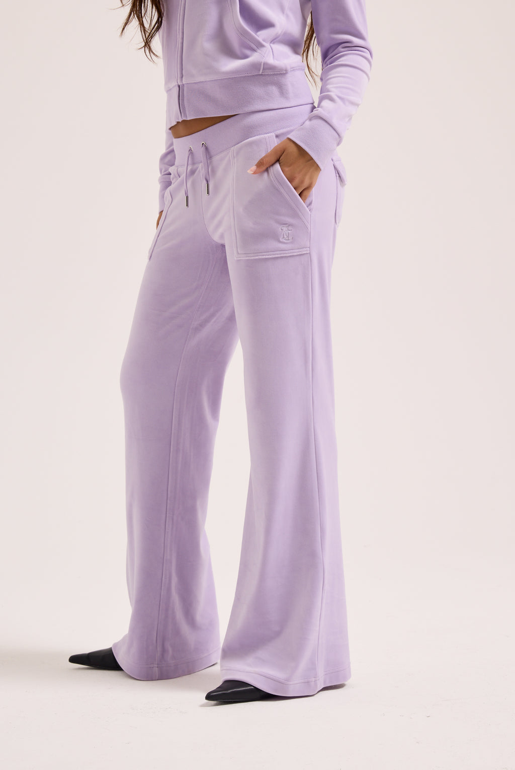 PASTEL LILAC LOW RISE FLARE CLASSIC VELOUR TRACK PANT