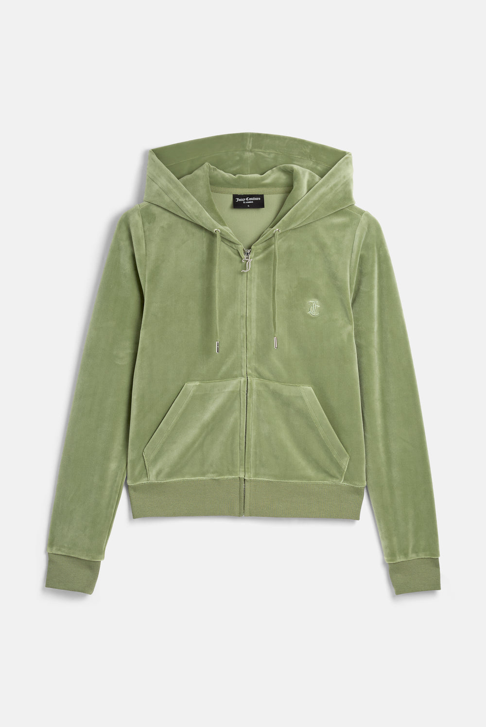 Displays the Oil Green 'Juicy' branded Classic Velour Robertson Hoodie