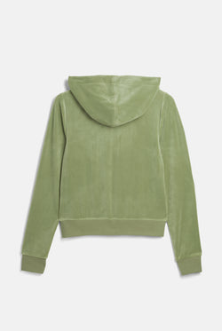 Displays the Oil Green 'Juicy' branded Classic Velour Robertson Hoodie