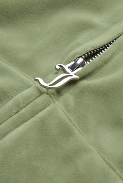 Displays the Oil Green 'Juicy' branded Classic Velour Robertson Hoodie featuring the details on the juicy branded zip