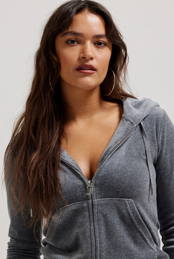 Displays a model wearing the Charcoal Marl 'Juicy' cotton velour Robertson hoodie 
