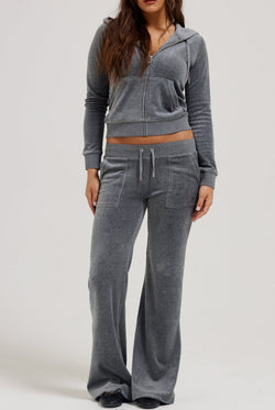 Displays a model wearing the Charcoal Marl 'Juicy' cotton velour Robertson hoodie 