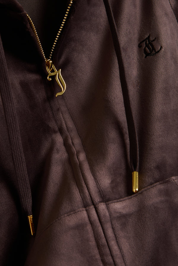 Displays the Java & Gold 'Juicy' branded classic velour Robertson hoodie featuring the juicy zip and branding 
