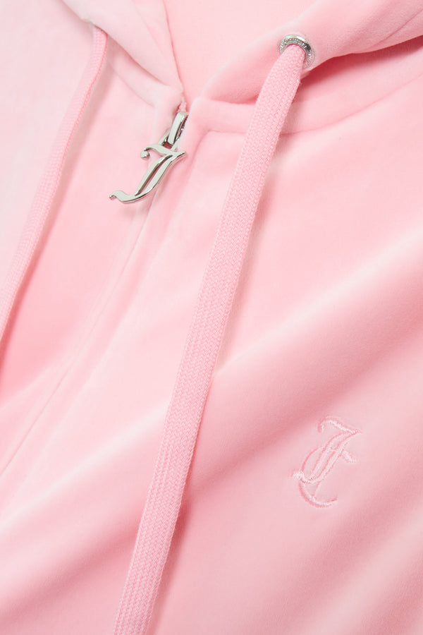 Displays the Pink Classic 'Juicy' branded Velour Robertson Hoodie feating the Logo