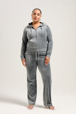 Displays a model wearing the Charcoal Marl 'Juicy' cotton velour Robertson hoodie 