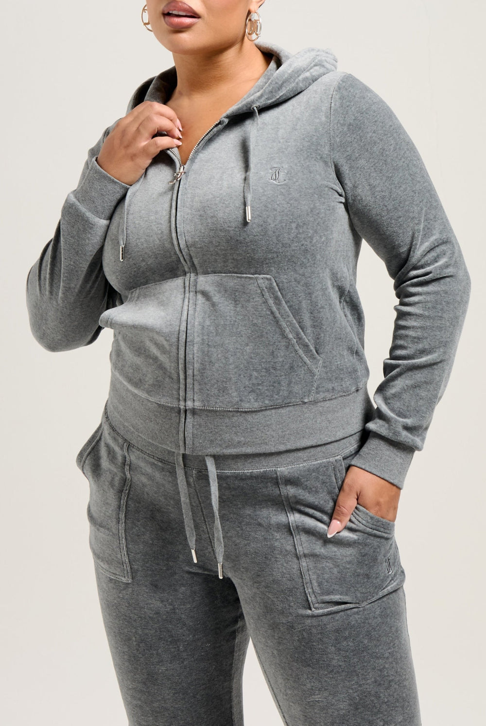 Displays a model wearing the Charcoal Marl 'Juicy' cotton velour Robertson hoodie 