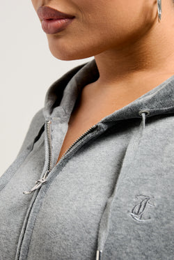 Displays a model wearing the Charcoal Marl 'Juicy' cotton velour Robertson hoodie 