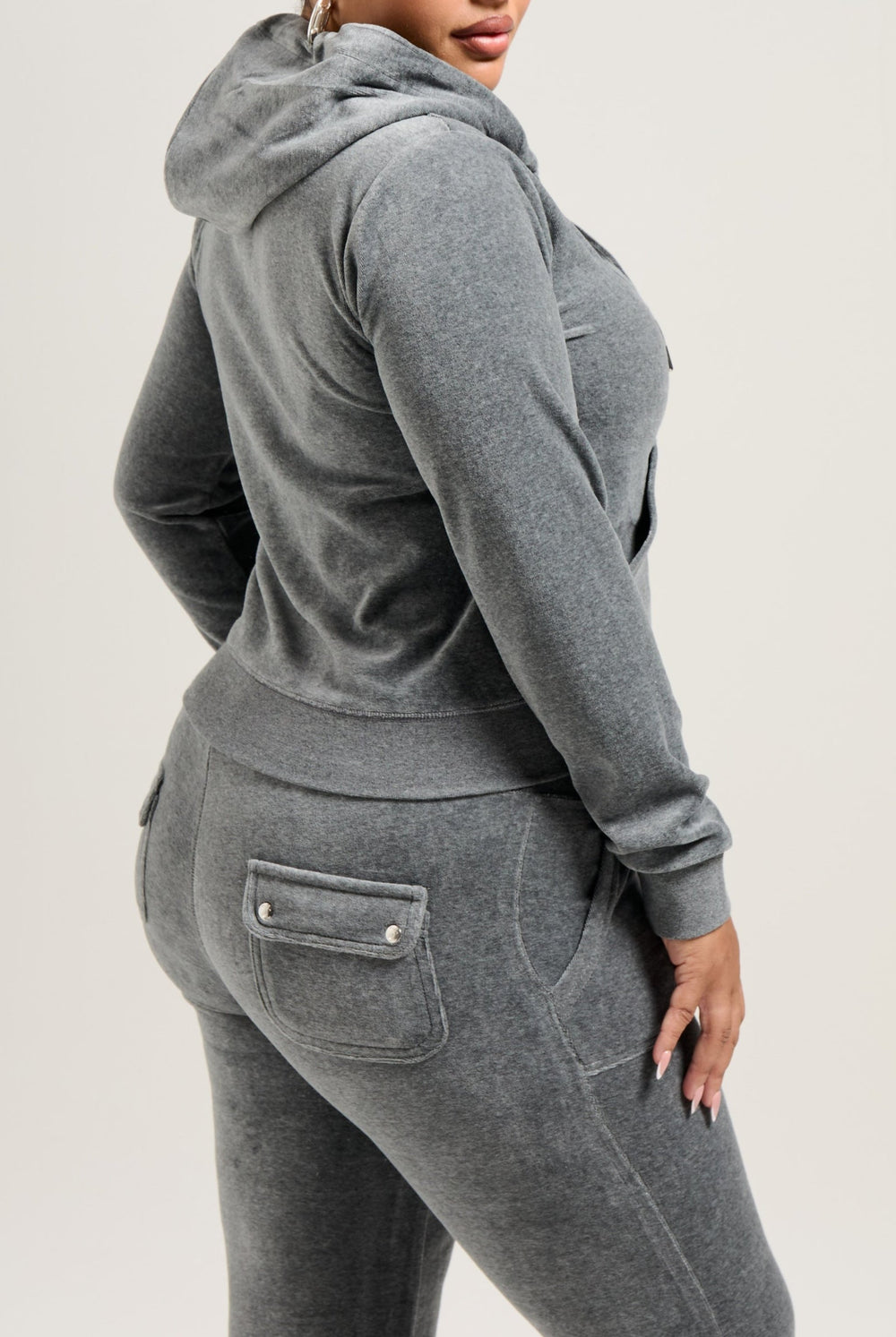 Displays a model wearing the Charcoal Marl 'Juicy' cotton velour Robertson hoodie 