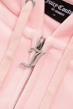 Displays the Almond Blossom 'Juicy' branded classic velour Robertson hoodie featuring the Juicy Zip