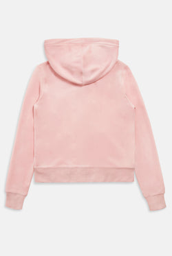 Displays the Almond Blossom 'Juicy' branded classic velour Robertson hoodie 