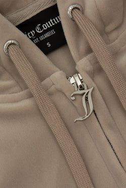 Displays the string classic 'juicy' branded velour Robertson hoodie featuring the juicy zip