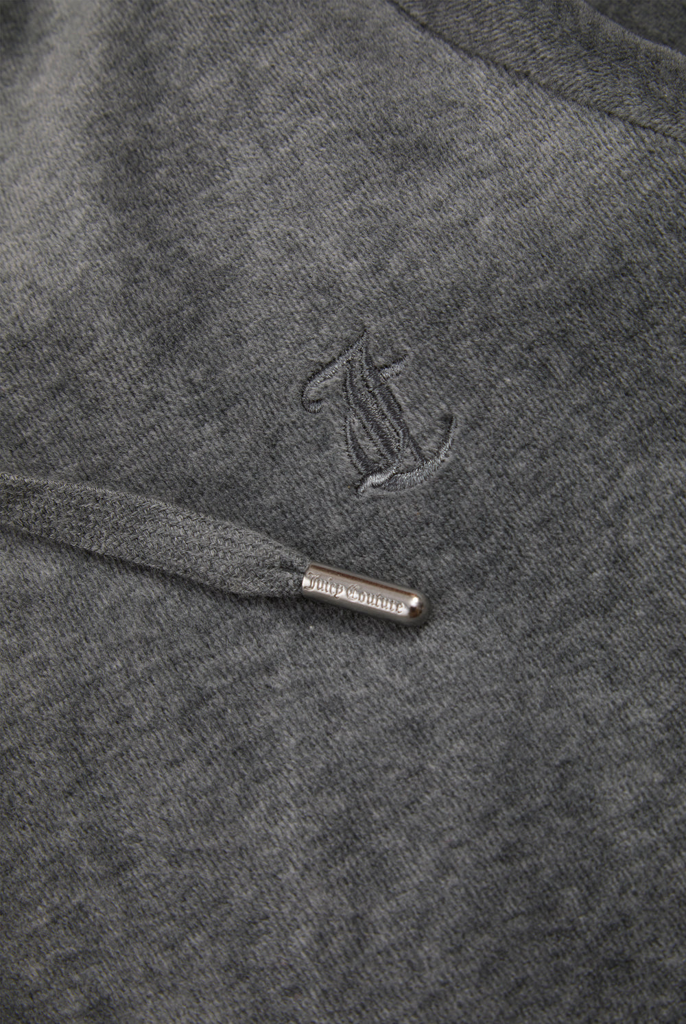 Displays the Charcoal Marl 'Juicy' cotton velour Robertson hoodie featuring the juicy couture logo