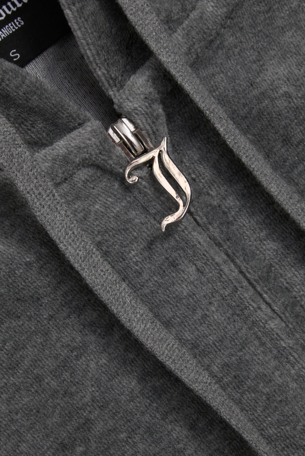 Displays the Charcoal Marl 'Juicy' cotton velour Robertson hoodie featuring the juicy zip