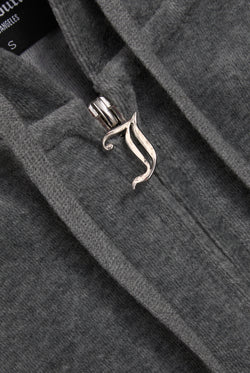 Displays the Charcoal Marl 'Juicy' cotton velour Robertson hoodie featuring the juicy zip